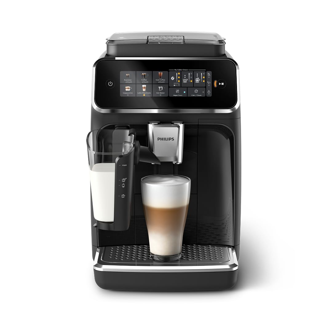 Philips 3300 Series Fully Automatic Espresso Machine with LatteGo Milk System and integrated grinder, 6 Hot & Iced Coffee Pre-Sets, 40% Quieter SilentBrew, 15-Bar Pressure, Glossy Black (EP3341/50)