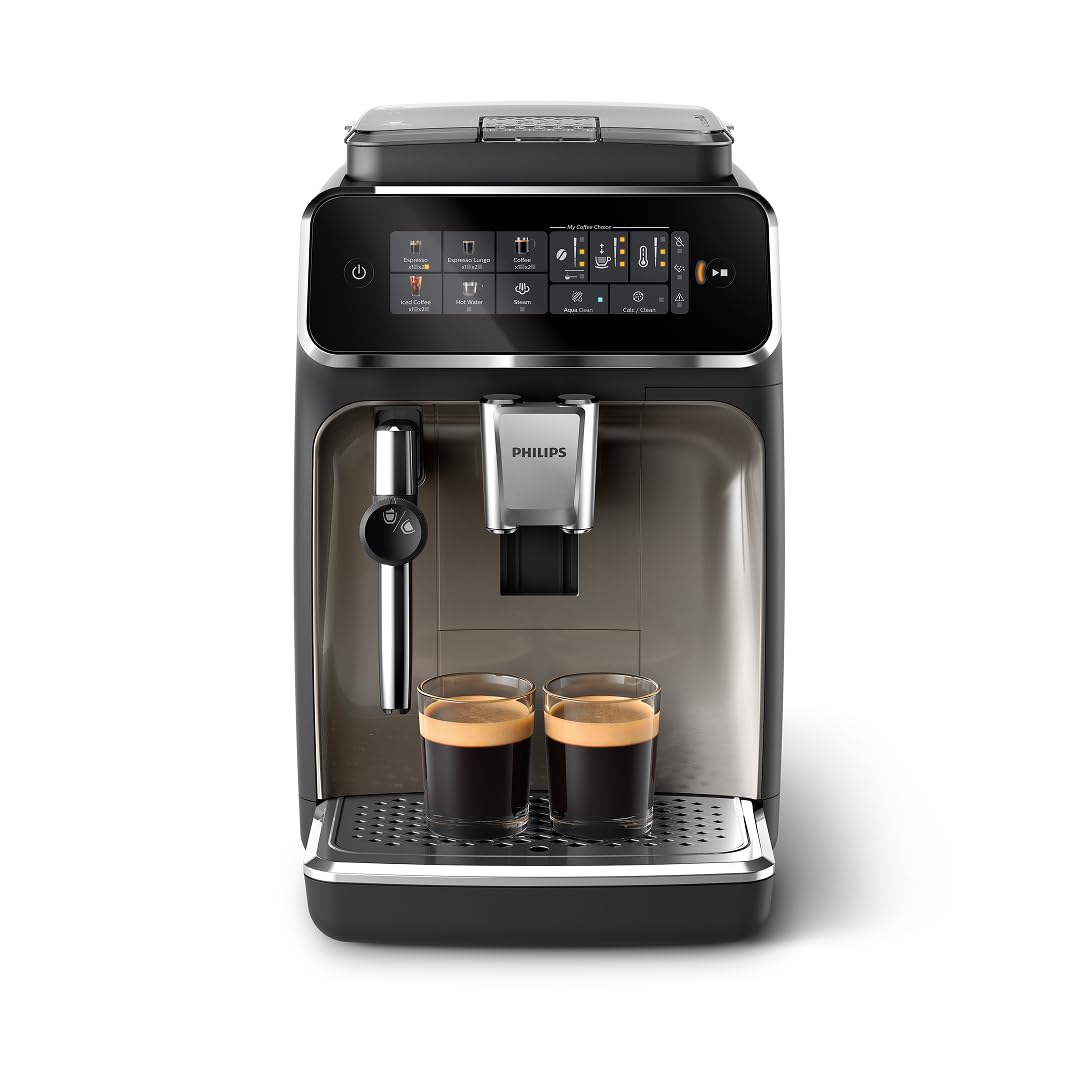 Philips 3300 Series Fully Automatic Espresso Machine with LatteGo Milk System and integrated grinder, 6 Hot & Iced Coffee Pre-Sets, 40% Quieter SilentBrew, 15-Bar Pressure, Glossy Black (EP3341/50)