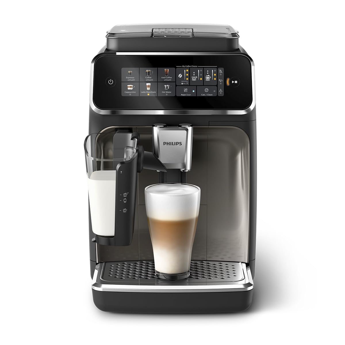 Philips 3300 Series Fully Automatic Espresso Machine with LatteGo Milk System and integrated grinder, 6 Hot & Iced Coffee Pre-Sets, 40% Quieter SilentBrew, 15-Bar Pressure, Glossy Black (EP3341/50)