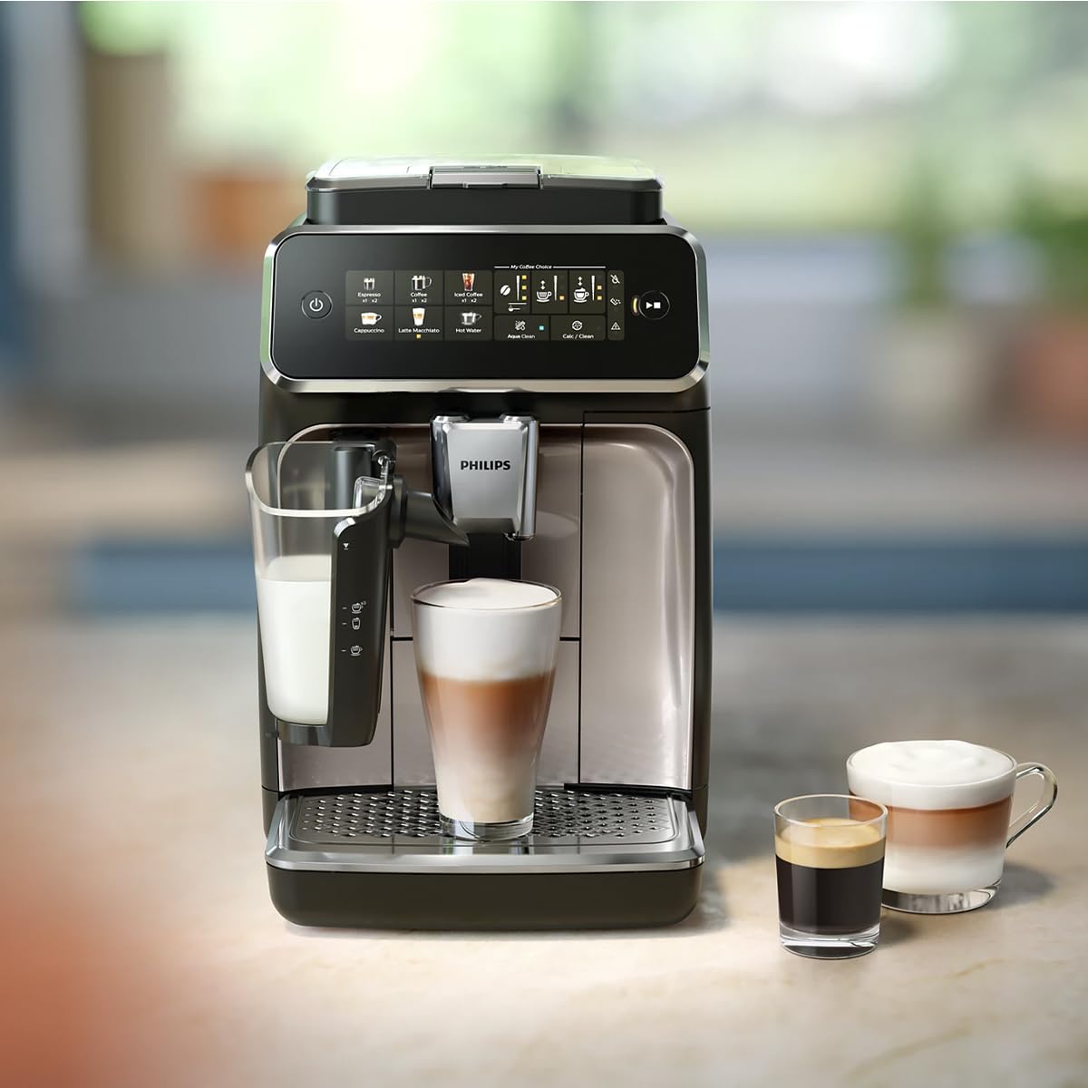 Philips 3300 Series Fully Automatic Espresso Machine with LatteGo Milk System and integrated grinder, 6 Hot & Iced Coffee Pre-Sets, 40% Quieter SilentBrew, 15-Bar Pressure, Glossy Black (EP3341/50)