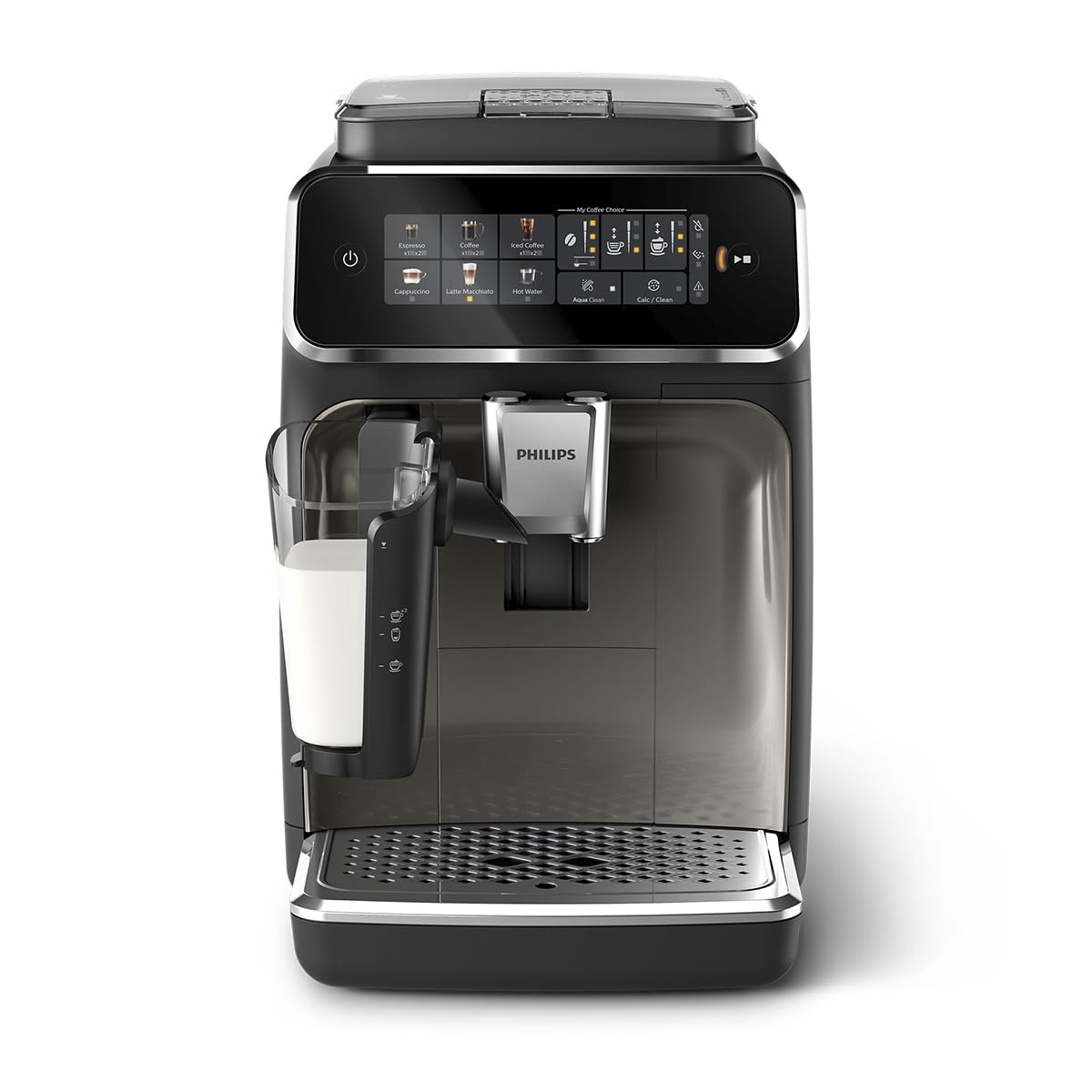 Philips 3300 Series Fully Automatic Espresso Machine with LatteGo Milk System and integrated grinder, 6 Hot & Iced Coffee Pre-Sets, 40% Quieter SilentBrew, 15-Bar Pressure, Glossy Black (EP3341/50)