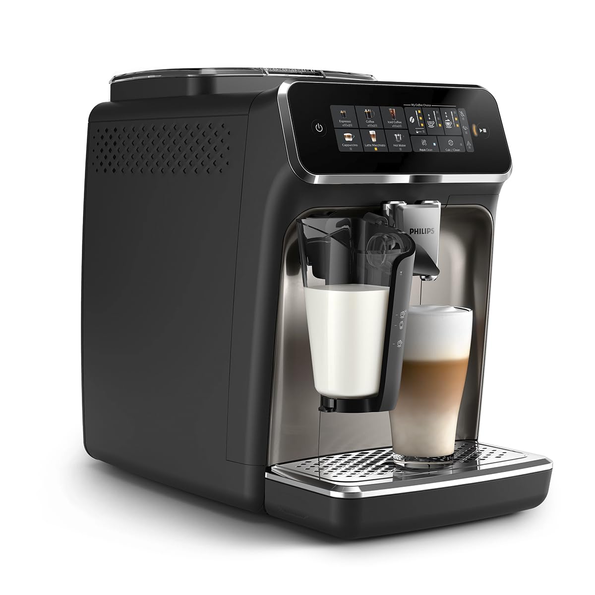 Philips 3300 Series Fully Automatic Espresso Machine with LatteGo Milk System and integrated grinder, 6 Hot & Iced Coffee Pre-Sets, 40% Quieter SilentBrew, 15-Bar Pressure, Glossy Black (EP3341/50)