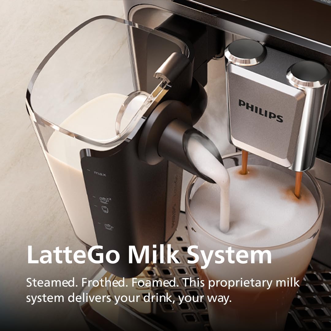 Philips 4400 Series Fully Automatic Espresso Machine – 12 Hot & Iced Coffees, Quick-to-Clean LatteGo Milk System, SilentBrew, QuickStart, Ceramic Grinder, Black Chrome (EP4447/90)