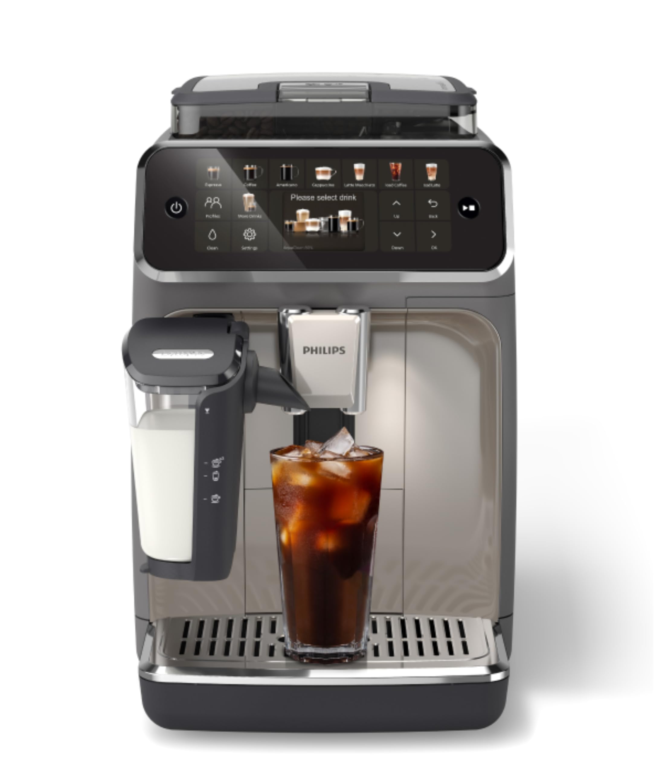 Philips 5500 Series Fully Automatic Espresso Machine, LatteGo Milk System, Integrated Grinder, 20 Hot & Iced Coffee Pre-Sets, Quick Start, SilentBrew, 15-Bar Pressure, Black Chrome (EP5544/94)