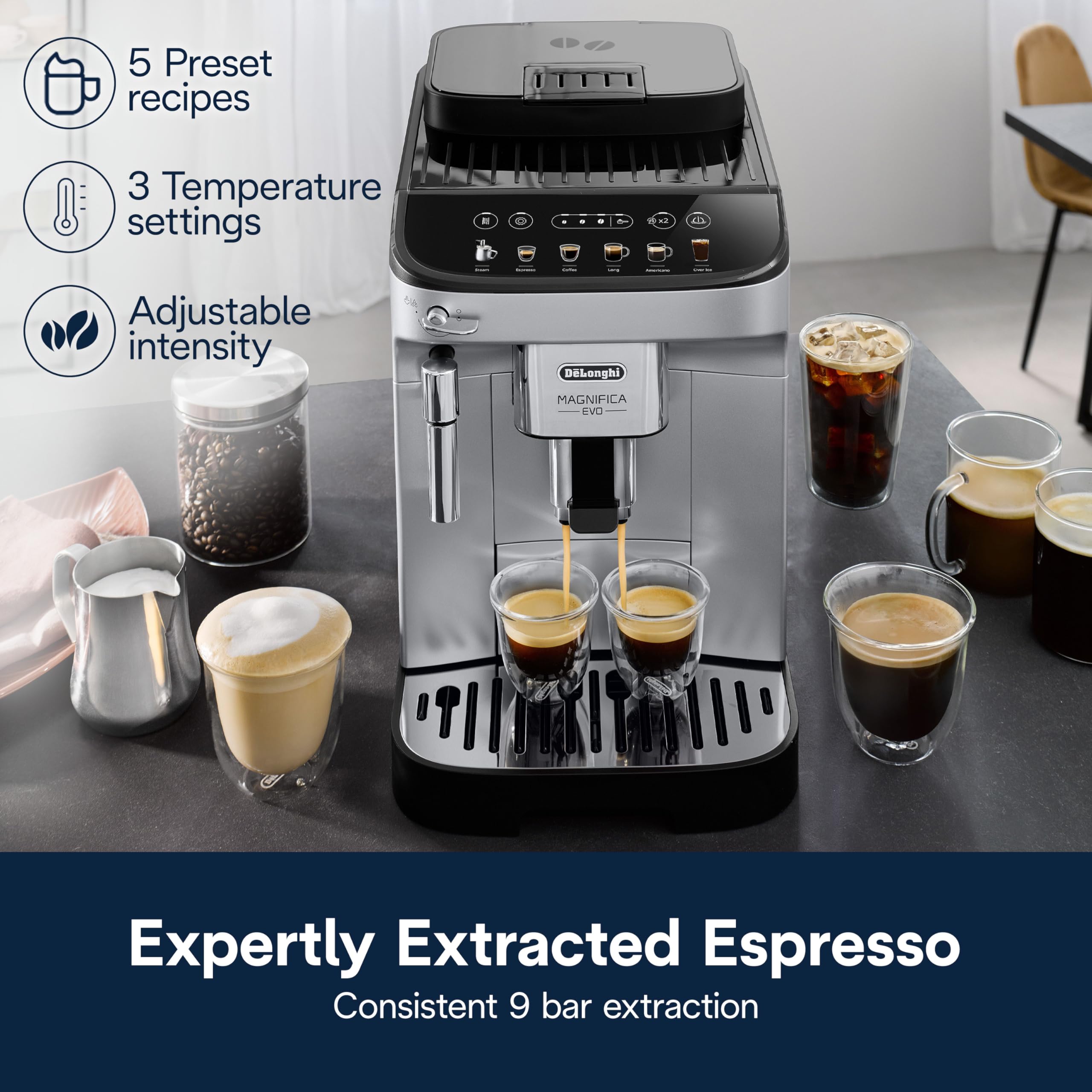 De'Longhi Magnifica Evo Automatic Espresso & Coffee Machine with Manual Milk Frother, Built-in Grinder & Auto-Clean Function - For Latte, Cappuccino, Americano, Iced Coffee, ECAM29043SB