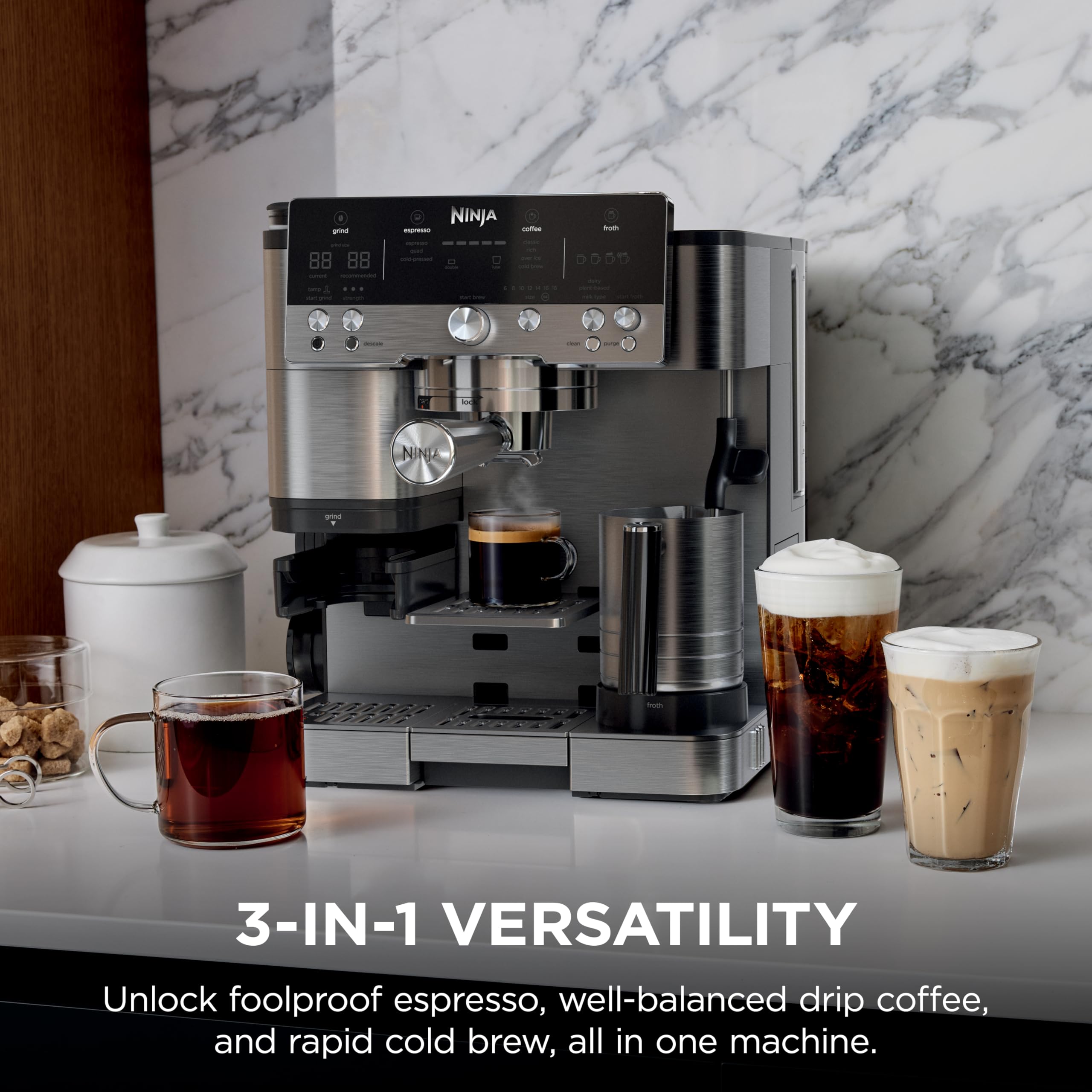 Ninja Luxe Café Premier 3-in-1 Espresso Machine, Drip Coffee, & Rapid Cold Brew | Built-in Coffee Grinder, Hands-Free Milk Frother, Assisted Tamper for Cappuccinos & Lattes | Stainless Steel | ES601